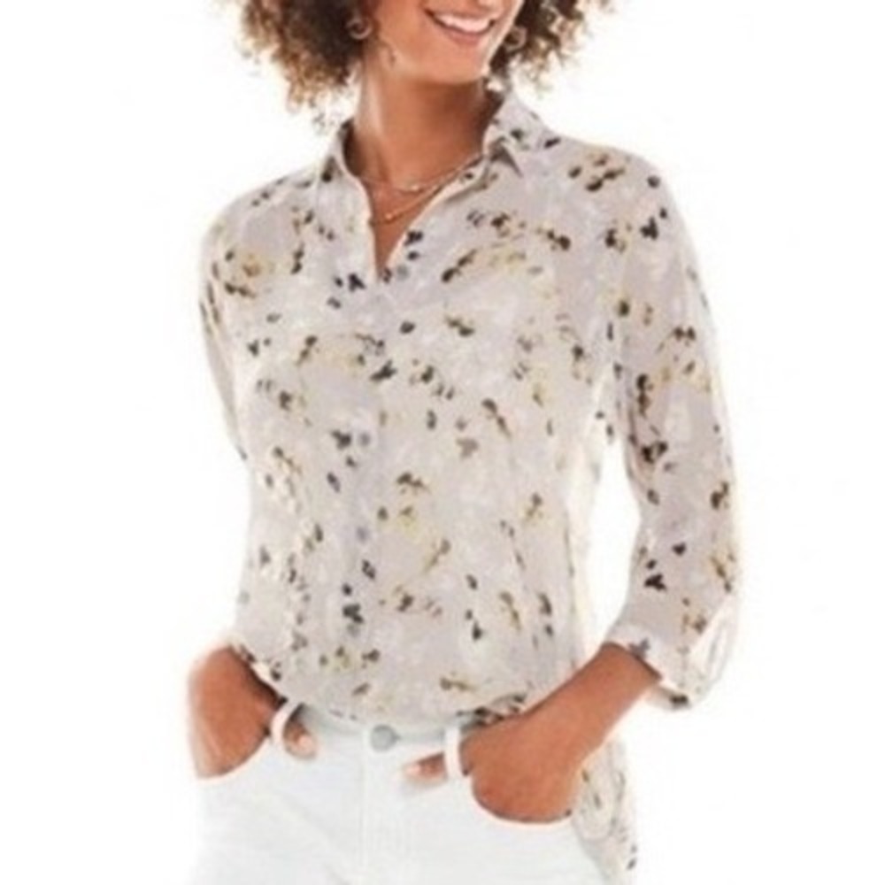 CABI women's long sleeve button up collar Matinee blouse gray floral sheer XL - Picture 2 of 3
